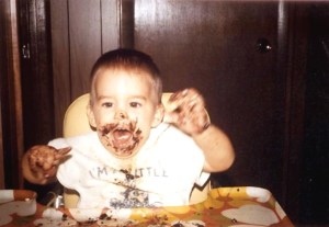 Kelly enjoying her chocolate birthday cake.  Montreat, NC, January 1, 1973.