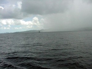 Rain moving off shore, St. Lucia.  September 13, 2001.