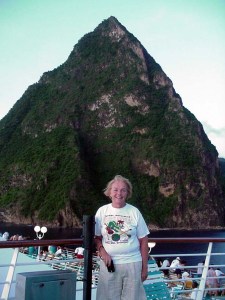 Betsy on board our ship with Gran Piton, St. Lucia, in the background.  September 13, 2001.