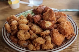 Calabash scallops and shrimp at the Dockside restaurant, Calabash, North Carolina.  May 5, 2013.